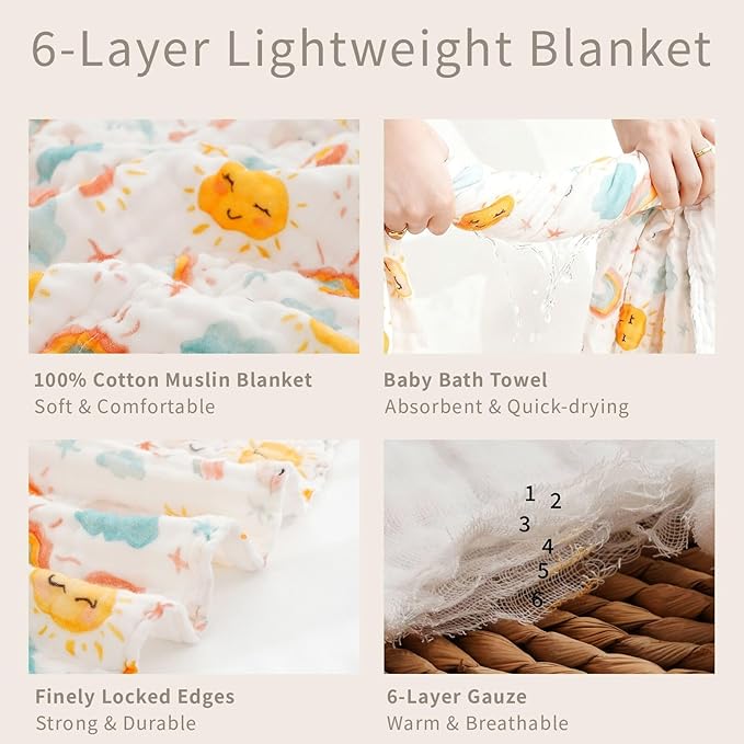 Muslin Swaddle Blankets 6-Layer Cotton Baby Blankets for Boys & Girls 43"X43"Inches Receiving Blankets,Soft Skin-Friendly Baby Crib Blanket,Breathable Quilt Bedspread(Sunny)