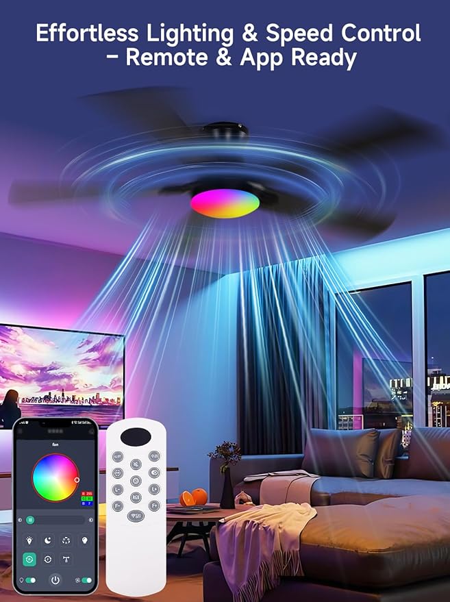 52 Inch Ceiling Fans with Lights, RGB Ceiling Fan with Remote and App,Flush Mount Low Profile, Dimmable 35W LED, Reversible, Smart Ceiling Fan for Bedroom Nursery Living Room Apartment,Black