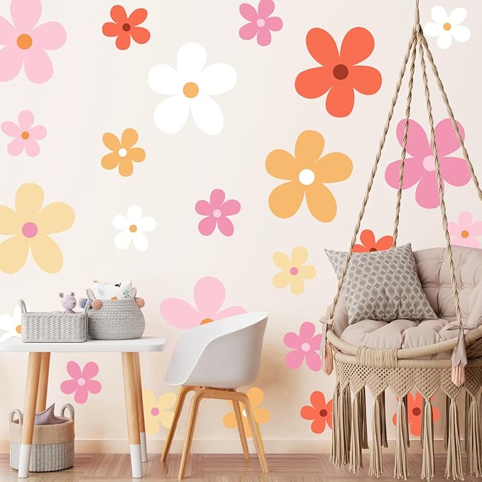 TaoBary 12 Sheets Daisy Wall Decal Flower Wall Sticker Cute Daisy Sticker Pink White Flower Decal Peel and Stick Floral Wallpaper for Nursery Bedroom Home Decor(Bright Color,Elegant Style)