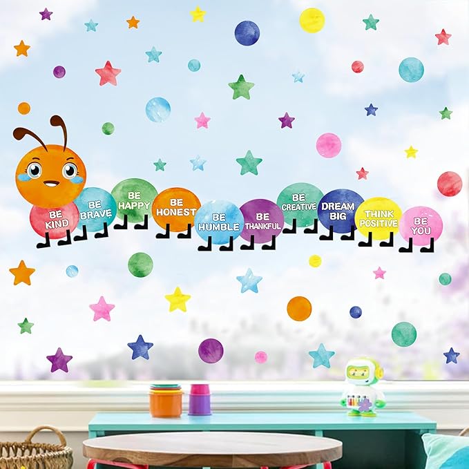 Watercolor Inspirational Wall Sticker, Multicolor Polka Dot Star Wall decal, Removable Motivational Quote Be Kind Be Happy Wall Art for Playroom Classroom Nursery Preschool Daycare Decoration