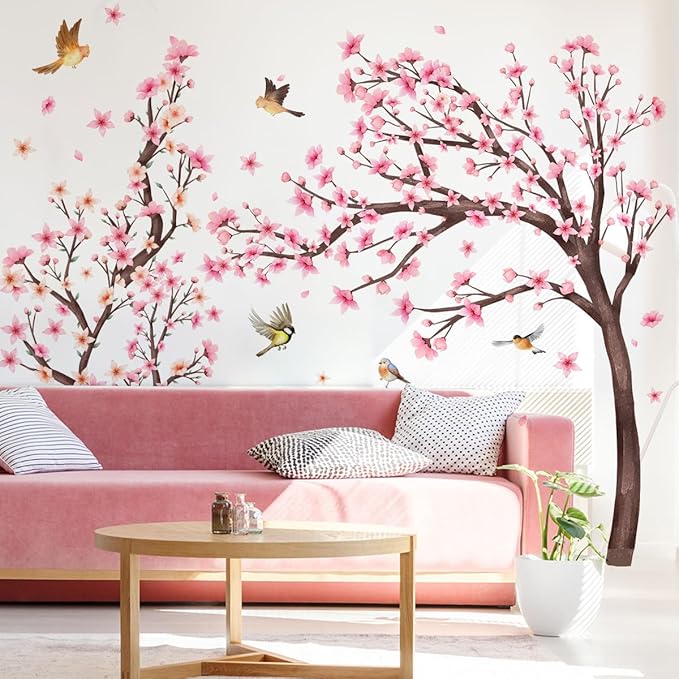 Large Pink Flower Tree Branch Wall Stickers Cherry Blossom Floral Birds Peel and Stick Wall Decals Art for Girls Bedroom Living Room TV Wall Decor