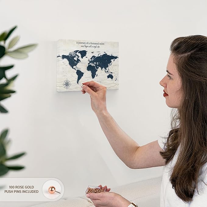 ElephantStock - A Journey I Push Pin World Map Wall Art - Horizontal Canvas Wall Art - Living Room Wall Decor - Digital Art Map Canvas Art - Blue And Beige Decor - 12" x 8"