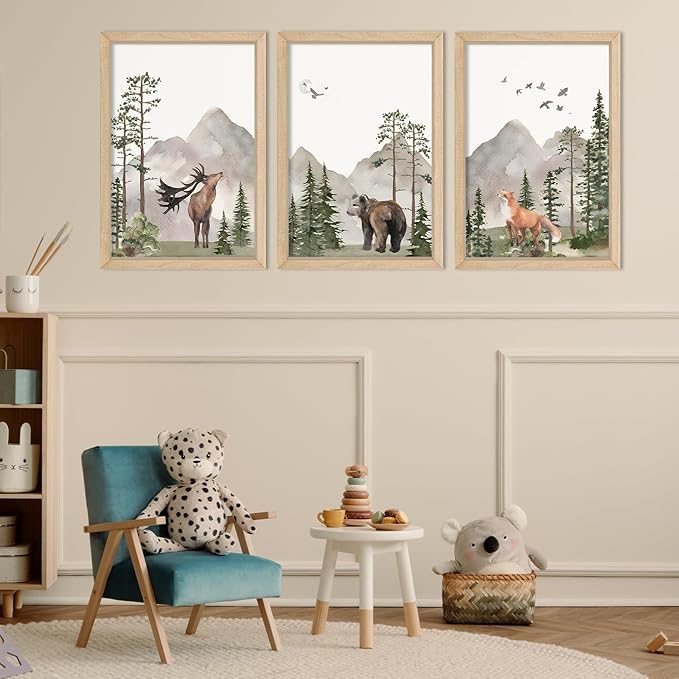 YWJKWLGS Wild Woodland Animals Nursery Wall Art Decor 11"×16" Set of 3 Jungle Theme Safari Forest Deer Bear Fox Posters Wood Framed Sign for Children's Boys Girls Room Watercolor Prints Hanging (Wood)