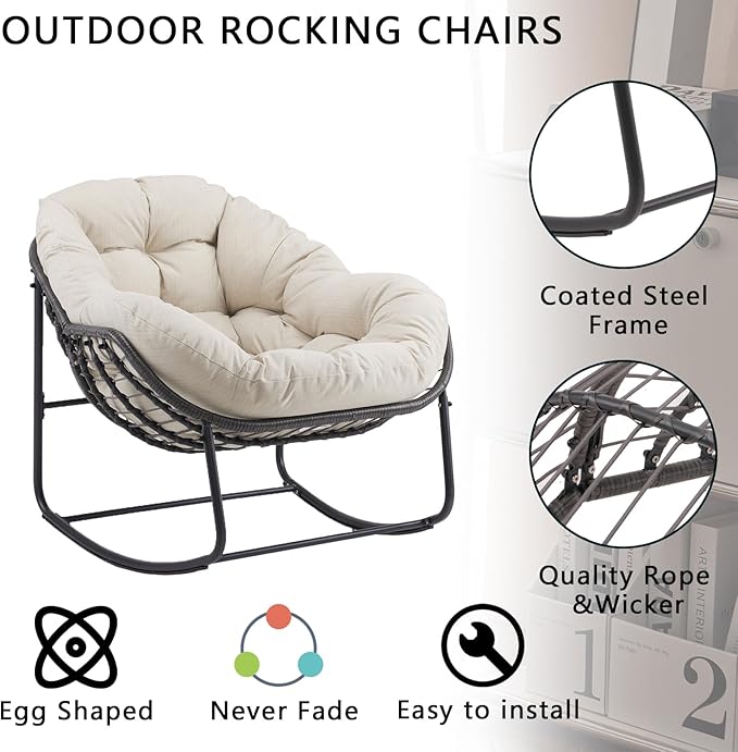 Oversized Outdoor Papasan Rocking Chair with Soft Cushion, Comfy Patio Egg Chair, Wicker Lounge Rocker for Balcony/Porch/Garden, Reinforced All Weather Rattan Frame, 330 lbs Support, Beige
