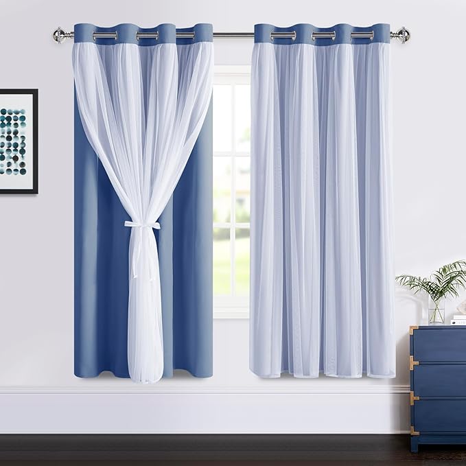 DWCN Blackout Curtains with Sheer Overlay Layered Curtains for Bedroom/Living/Dining Room Grommet Top Window Treatments with Tiebacks, 52 W by 63 L, Hazy Blue, 2 Pieces