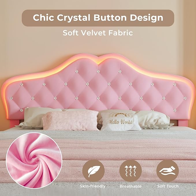 BTHFST Queen Size Upholstered Bed Frame with LED Lights, Princess Platform Bed for Girls, Adjustable Headboard with Crystal Button, Solid Wood Slats Support, No Box Spring Needed, Pink
