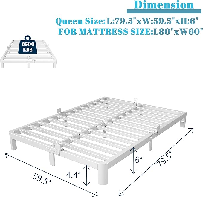 Queen Bed Frame 6 Inch White, Metal Bed Frame Queen Size with Gaskets, No Box Spring Need, Heavy Duty Steel Platform Support, Round Corner Design, Noiseless, Easy Assembly