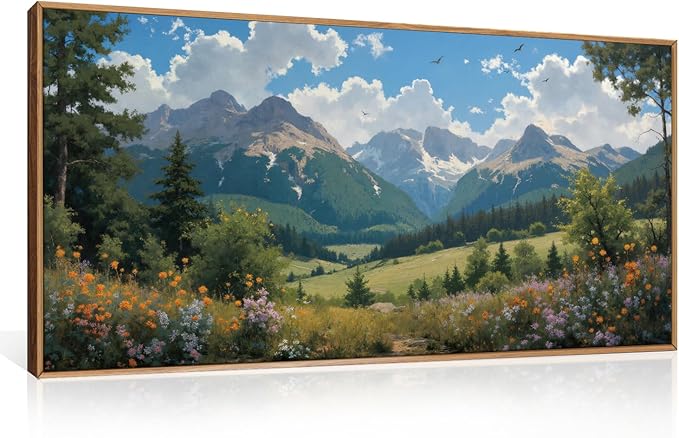 HLNIUC Green Forest Mountain Landscape horizontal Wall Art Framed, Colorful Wildflower Nature Decor(20x40), Blue Sky White Cloud Canvas Painting, Woodland Tree Print for Living Room, Bedroom, Office