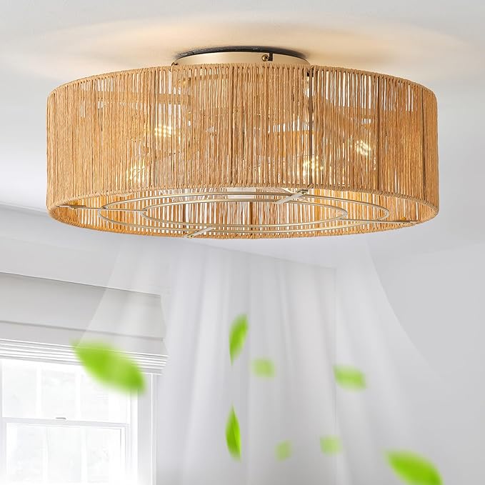 Ceiling Fans with Lights, 20" Boho Ceiling Fan with Light Flush Mount, Drum Rattan Low Profile with 6 Speeds, Remote Control for Bedroom, Nursery, Living Room (Yellow)