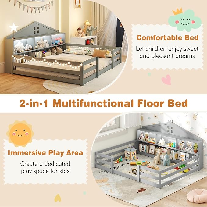 KOMFOTT Full Floor Bed with Bookcase & LED Light, Wood Bed Frame with Bedside Bookshelves & Guardrails, Versatile 2-in-1 Montessori Floor Bed for Kids