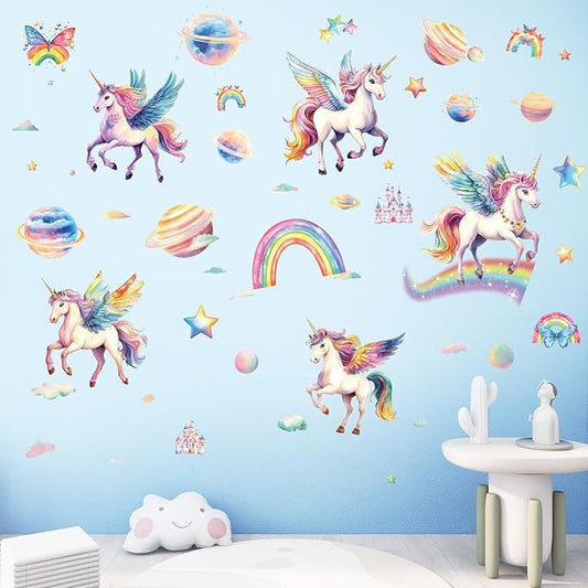 SHUCHING Unicorn Wall Sticker Peel and Stick, Vinyl Rainbow Wall Decal, Wall Decor Art for Girls Bedroom Baby Nursery Playroom