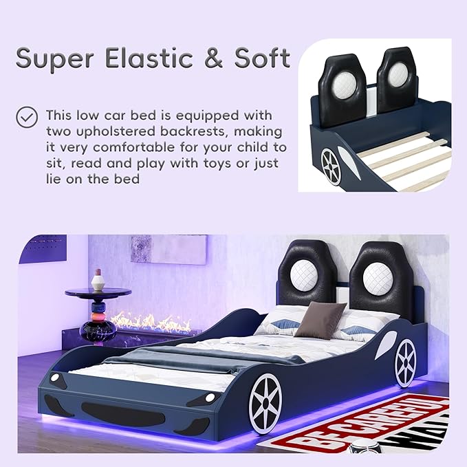 Kids Car Bed Frame Twin Size Car-Shaped Platform Bed with LED Lights and Upholstered Backrest, Solid Wood Car Bed Frame with Wheels and Guardrails for Boys Girls, Blue