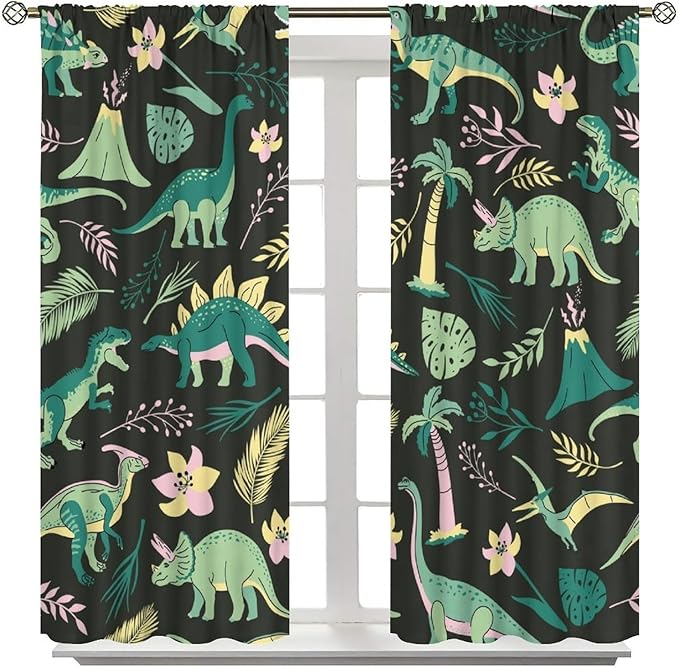 Dinosaurs Blackout Curtains Cartoon Cute Funny Dino Tropical Jungle Green Art Print for Kids Boys Bedroom Living Room Rod Pocket Decoration Window Drapes 2 Panels W31.5xL72in