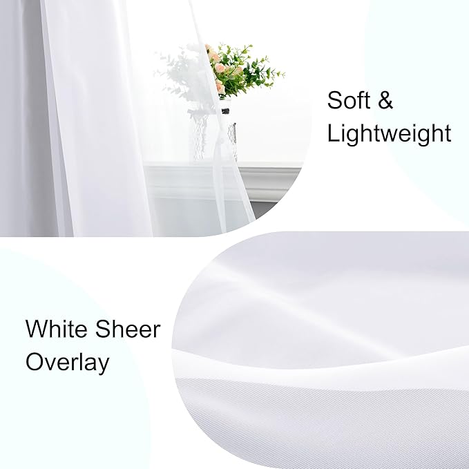 XWZO White Double Layer Curtains, 100% Blackout Curtains with Sheer Overlay for Nursery, Living Room, Children's Room, Grommet Thermal Insulated Privacy Curtains with Tiebacks, 2 Panels, 52x108