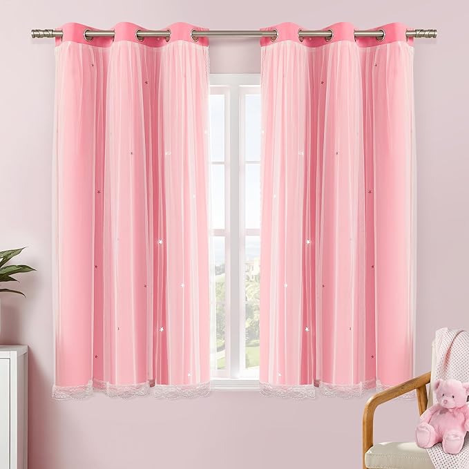 XiDi Pink Curtains with Sheer Overlay for Girls Bedroom 2 Panels Blackout Double Layer Curtains 54 Inches Length for Kids Princess Nursery Room Star Cut Out Grommet Small Window Drapes W34 X L54