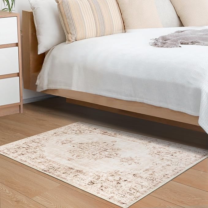 Area Rug 2x3, Washable Rug for Entryway Indoor, Small Area Rug for Living Room Entrance, Vintage Rug for Bedroom Doormat, Non Slip Soft Low Pile Carpet for Kitchen, Hallway, Office, Beige