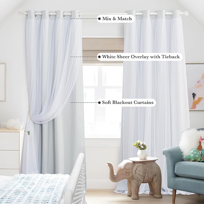PONY DANCE White Blackout Curtains - Double Layer Backdrop Curtains 72 Inches Long with Sheer Elegance Grommet Window Panels for Girls Kids Room Darkening (52x72, Greyish White, 2 PCs)