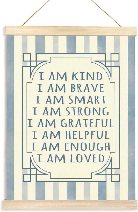 Hiuwevt Boy Nursery Wall Art, I Am Kind Inspirational Poster Hanger Frame, Blue Positive Affirmations Wall Art Home Decor for Toddler Boys Room Bedroom Nursery Playroom, 12x16 Inch