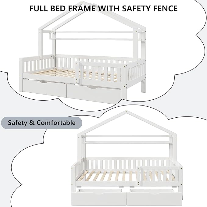 Aoowow Full Size House Bed with Storage Drawers and Shelf, Kids Twin Bed Frame Wooden Platform Bed with Guardrails and Slats for Boys Girls Teens for Bedroom(White)