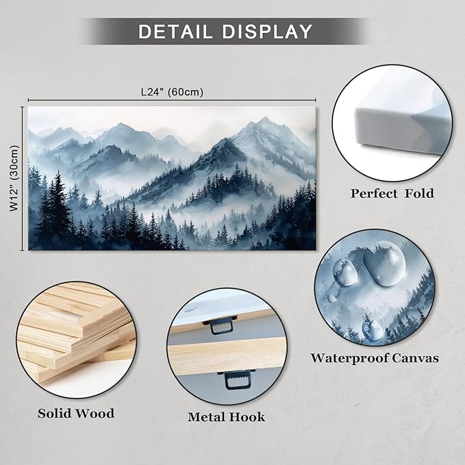 Blue Forest Canvas Wall Art Nature Foggy Mountains Landscape Pictures for Living Room Misty Watercolor Pine Tree Wall Decor Indigo Woodland Scenery Canvas Prints Artwork Office Home Decoration 12"x24"