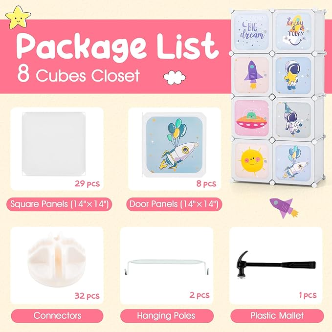 INFANS Children Wardrobe, Kid Closet Portable Baby Dresser Cute for Kids Bedroom Nursery Armoire with Doors 12 Cube 2 Hanging Sections, Kid Clothes Storage Organizer (White, 8 Cubes)