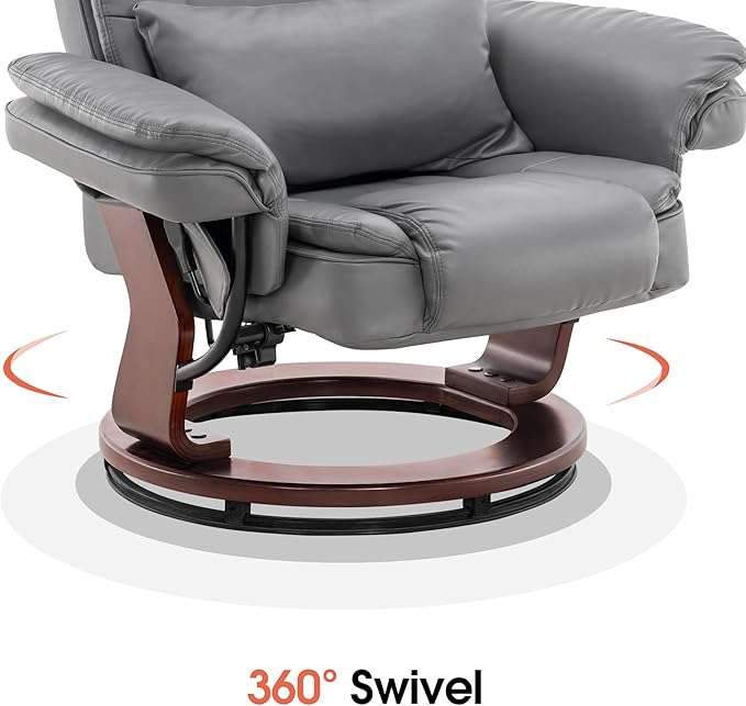MCombo Swivel Recliner with Ottoman Chair, TV Chair Sets with Vibration Massage, for Small Space Living Room Bedroom 9096 9099 (Faux Leather, Grey)
