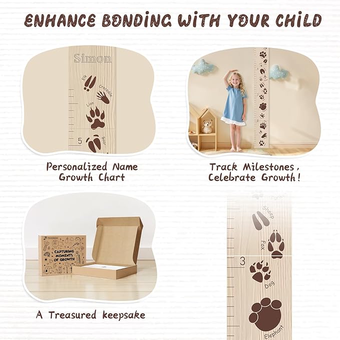 Personalized Growth Chart for Wall, Animal Footprints Height Chart for Kids, Customize Growth Measuring Board for Girls Boys Teen Room Nursery Wall Decor