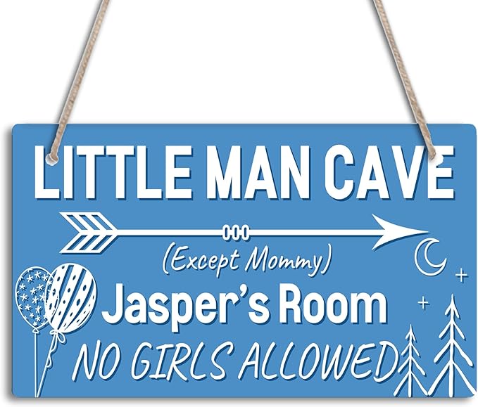 Little Man Cave Personalized Baby Boy Room Decor Custom Name Boys Kids Bedroom Door Sign Toddler Baby Nursery Wood Art Wall Plaque 12x6