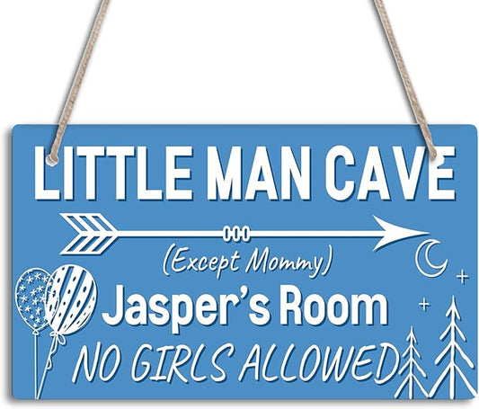 Little Man Cave Personalized Baby Boy Room Decor Custom Name Boys Kids Bedroom Door Sign Toddler Baby Nursery Wood Art Wall Plaque 12x6