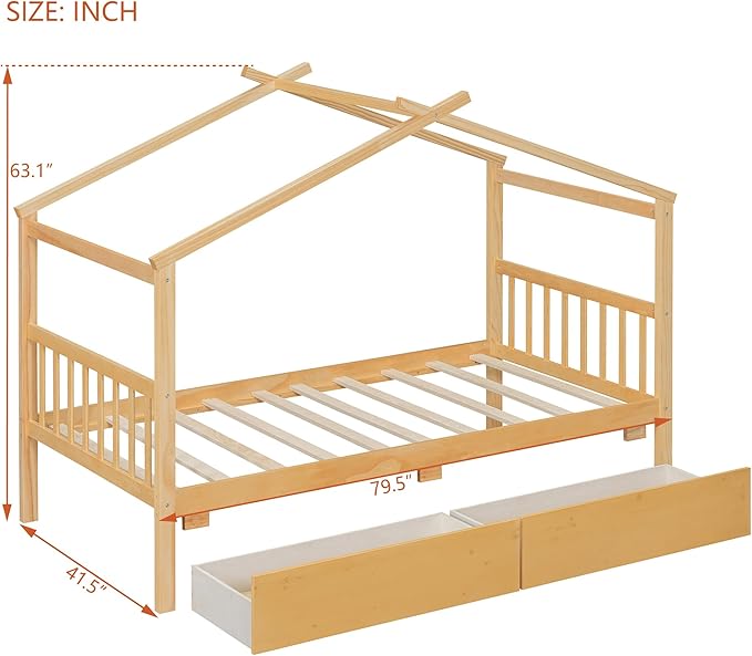 Merax Twin Size Wooden House Bed with Two Drawers, Wood Bed Frame with Roof for Kids, Teens, Boys or Girls, Natural