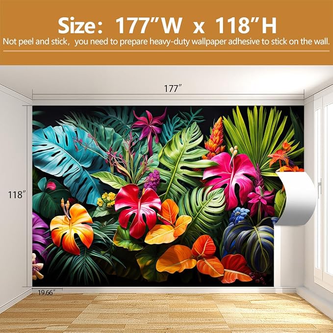 Tropical Botanical Leaf Wallpaper Colorful Jungle Palm Leaves Wall Mural for Living Room Bedroom（Not Peel and Stick）