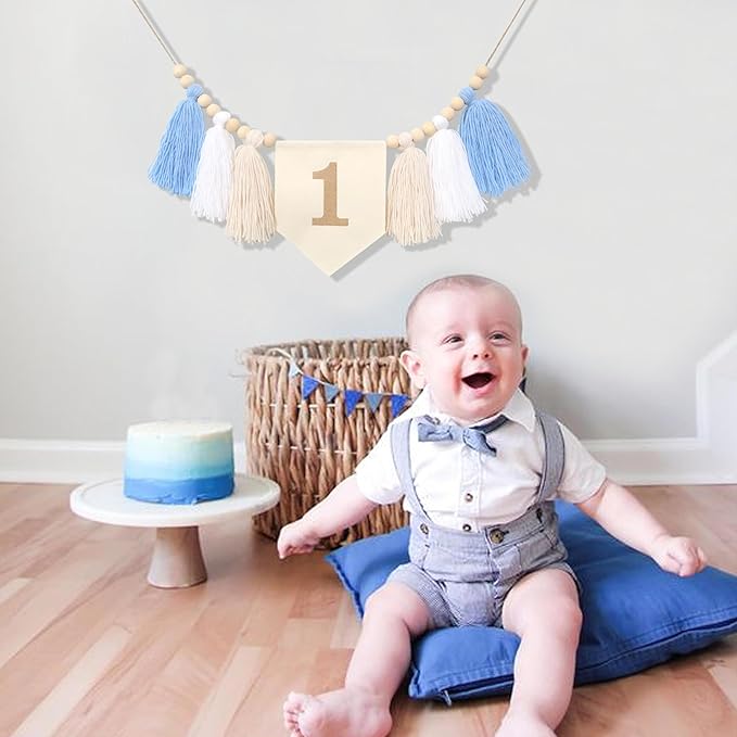 HGFC Embroidery Tassel High Chair Banner - Wood Bead 1st Birthday Banner,Sky Theme Party Decoration,Birthday Baby Boys Tassel Garland,Cake Smash Backdrop