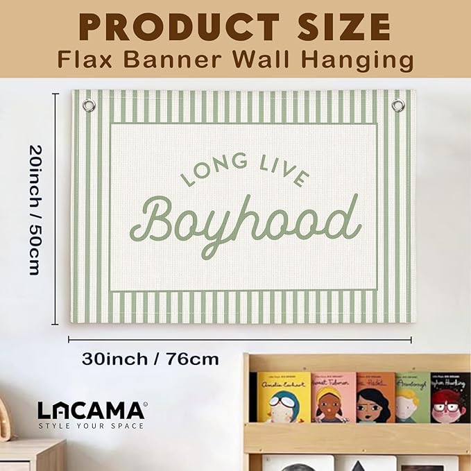 Lacama Green Long Live Boyhood Boys Room Decor, Boy Nursery Decor, Linen Banner Wall Hanging Canvas Banner Flag Decor for Toddler Boy Room Nursery 30x21 Inch