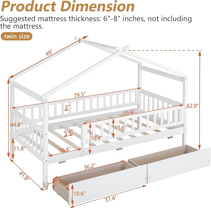 Aoowow Twin Size House Bed with Storage Drawers,Kids Wooden Bed Frame Twin House Bed with Slats and Fence for Boys Girls Teens for Bedroom(White)