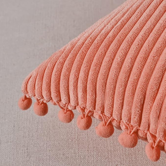 Fancy Homi Pack of 2 Coral Decorative Throw Pillow Covers 16x16 Inch with Pom-poms for Living Room Couch Bedroom, Soft Corduroy Peach Solid Square Cushion Case 40x40 cm, Rustic Farmhouse Home Decor