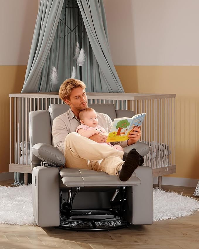AILEEKISS Rocking Chair Nursery Swivel Recliner Glider Chair with Adjustable Armrests,Headrest Rocker Nursing Chair for Breastfeeding Comfy Upholstered Living Room Reclining Chairs for Bedroom(Grey)