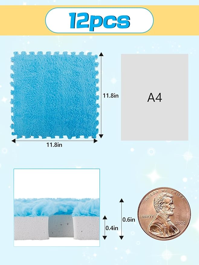 12 pcs Thickened Plush Foam Interlocking Floor Mats, Foam Mats for Floor Baby with Edgings, Soft Anti-Slip Square Foam Tiles, Puzzle Area Rug Playmat for Room Flat (11.8", Blue)