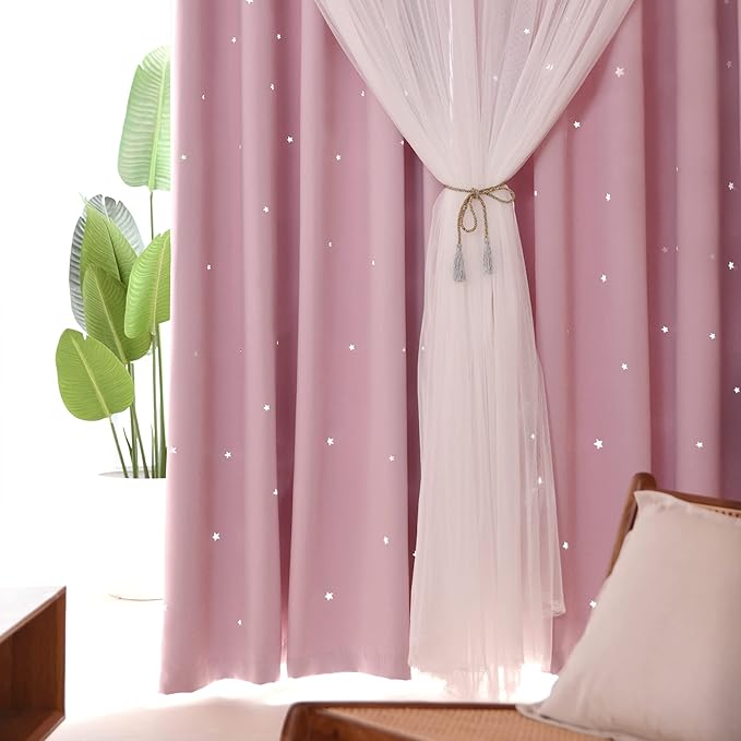 Kinryb Princess Curtains for Girls Bedroom with Sheer Overlay,Double Layer Curtain for Living Room with Star Cutout, Curtains for Kids Room (70 W*84 L Inches,2 Pcs Pink)