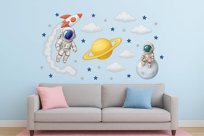Astronaut Wall Decal for Kids Room – Space Theme Nursery Wall Art with Rocket, Clouds and Stars – Outer Space Decor for Boys and Girls Bedroom or Playroom – Removable Vinyl Wall Sticker