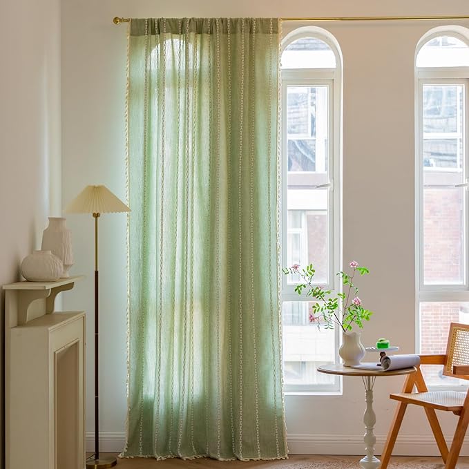 Deeprove Sage Green Boho Curtains 90 inches Length for Living Room Bedroom Nursery, Vintage Chic Bohemian 90 inches Long Embroidery Farmhouse Tassel Privacy Window Treatments W52 x L90, 1 Panel