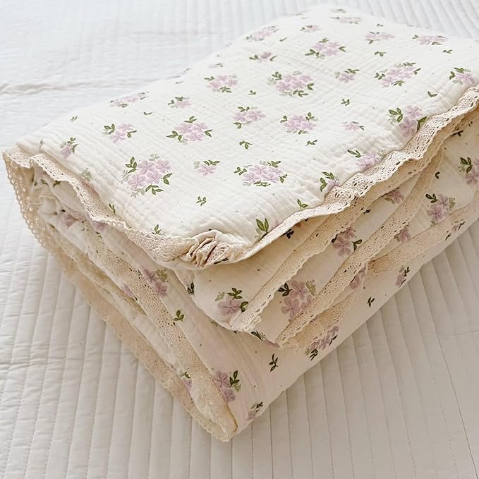 BuLuTu Purple Flower Baby Quilts for Kids Muslin Comforter Large Thin Summer Quilt for Crib/Cradle/Cot, 2-Layer Muslin Toddler Blanket Purple Perilla Pattern, 47x59 Inch