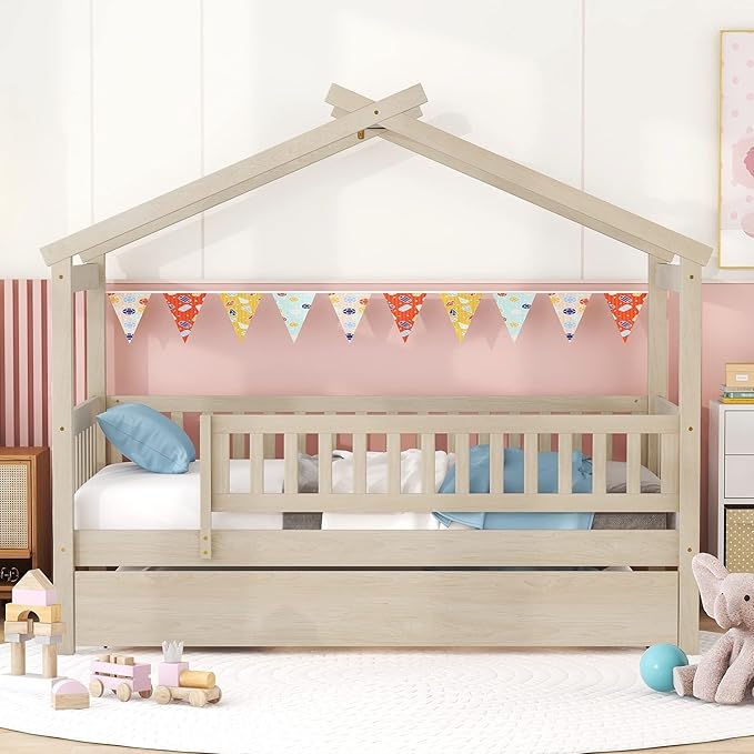 Merax Twin Size Wooden House Bed with Twin Size Trundle, Wood Bed Frame with Roof and Safety Guardrail for Kids, Teens, Boys or Girls, Natural