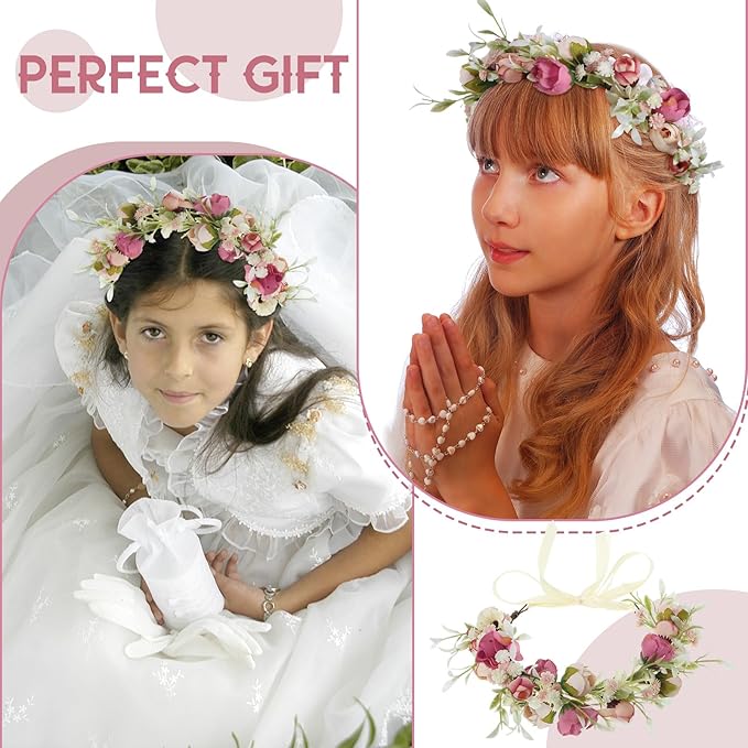 Lyrow 3 Pcs Camellia Flower Crown Rose Floral Crowns Headpiece Wedding Flowers Women Girl Headband Hair Accessory for Baby Toddler Communion Photo Prom Photography Christmas Festivals