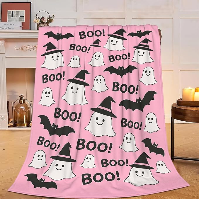 Halloween Pink Throw Blanket Cute Ghost Bat Blanket Soft Cozy Fleece Fuzzy Plush Warm Stuff Bedding Blankets for Women Girls Kids Adult Men 40"x50"