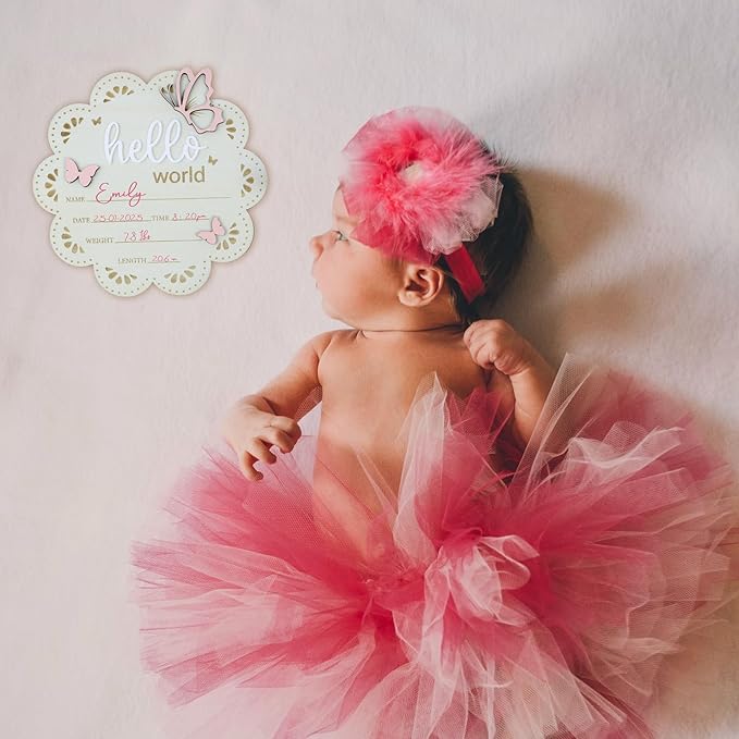 Baby Announcement Sign Butterfly, 6.5 Inch Wooden Hello World Newborn Welcome Sign Birth Baby Name Plaques for Photo Props Baby Shower Hospital Nursery BABY3