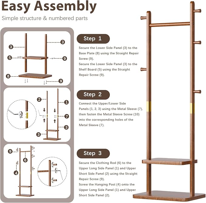 Coat Rack Freestanding Clothing Rack with Wheels & 2 Shelves Storage & 5 Hooks Heavy Duty Clothes Rack Wood Coat Tree Stand Hat Hanger Rack (Style 2 – Walnut Brown, Stationary Base (No Wheels), L)