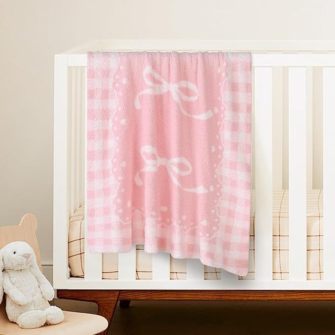 Pink Bow Baby Blanket – Soft Knitted Throw with Adorable Bow Detail for Baby Girls, Nursery Bedding & Shower Gifts – Warm & Gentle, 30x40 Inch