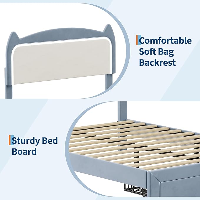 Full Size Princess Bed Frame with LED Lights & Storage Drawer - Blue Velvet Upholstered Cat Headboard Platform Bed for Kid- Sturdy Wood Slats, No Box Spring Needed, App & Remote Control, Blue & White