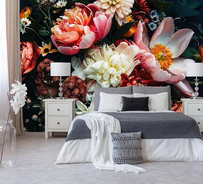 Dark Floral Wallpaper Peel and Stick Large Peony Flower Self Adhesive Wall Mural for Bedroom 82"x57"