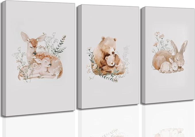 3 Pcs Animal Nursery Canvas Wall Art Watercolor Baby Animals with Wildflowers Painting Picture Wall Decor Cute Rabbit Bear Deer Nursery Paintings Artwork for Kids Room Baby Room Home Decoration